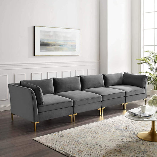 4 Seater Sofa Set : 134'' Velvet Flared Arm Modular Sofa Set