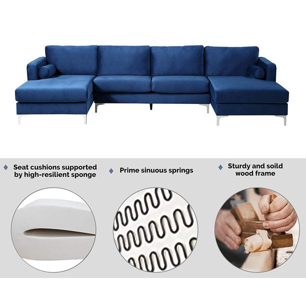 4 Seater Sofa Set: 24'' Velvet Square Arm U Shape Sofa