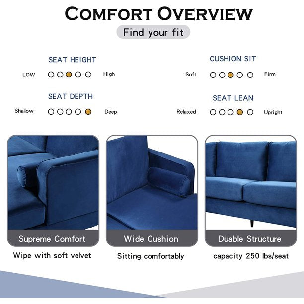 4 Seater Sofa Set: 24'' Velvet Square Arm U Shape Sofa