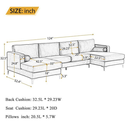 4 Seater Sofa Set: 24'' Velvet Square Arm U Shape Sofa