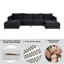 4 Seater Sofa Set: 24'' Velvet Square Arm U Shape Sofa