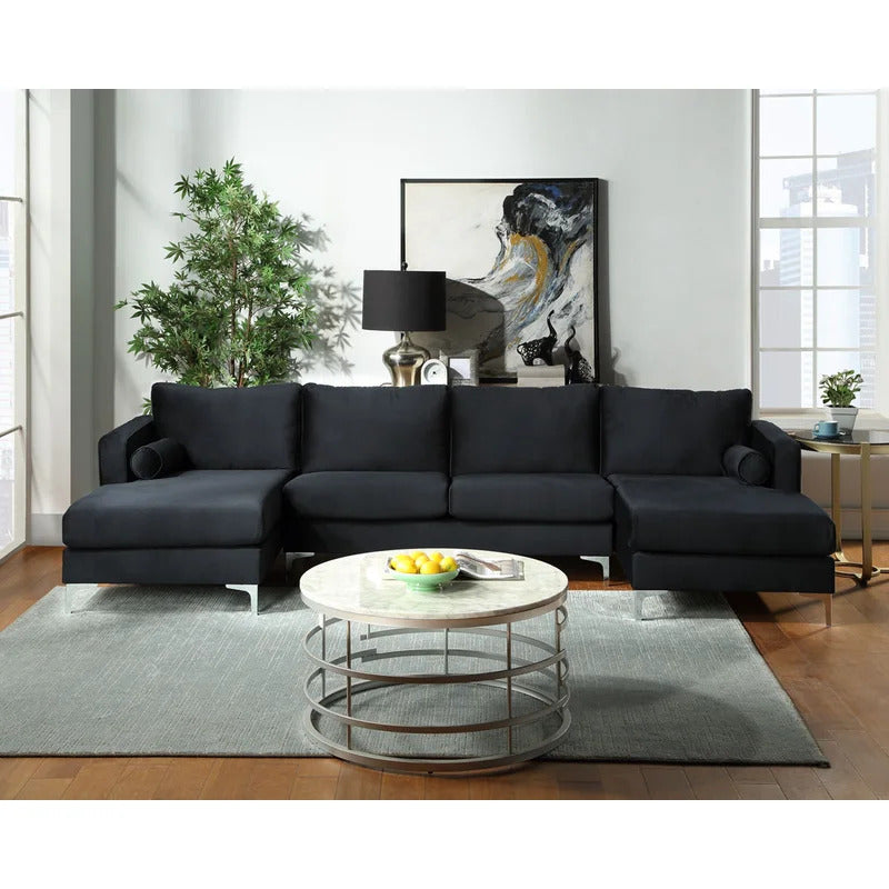 4 Seater Sofa Set: 24'' Velvet Square Arm U Shape Sofa