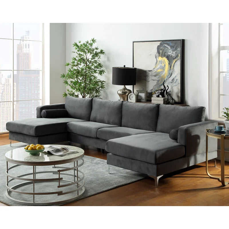 4 Seater Sofa Set: 24'' Velvet Square Arm U Shape Sofa