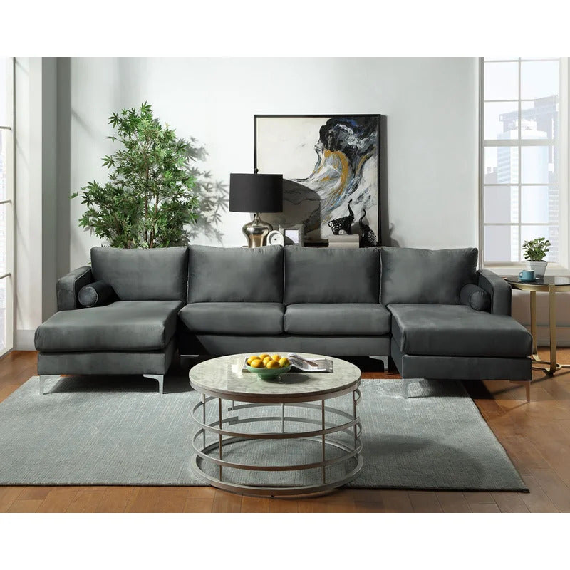 4 Seater Sofa Set: 24'' Velvet Square Arm U Shape Sofa