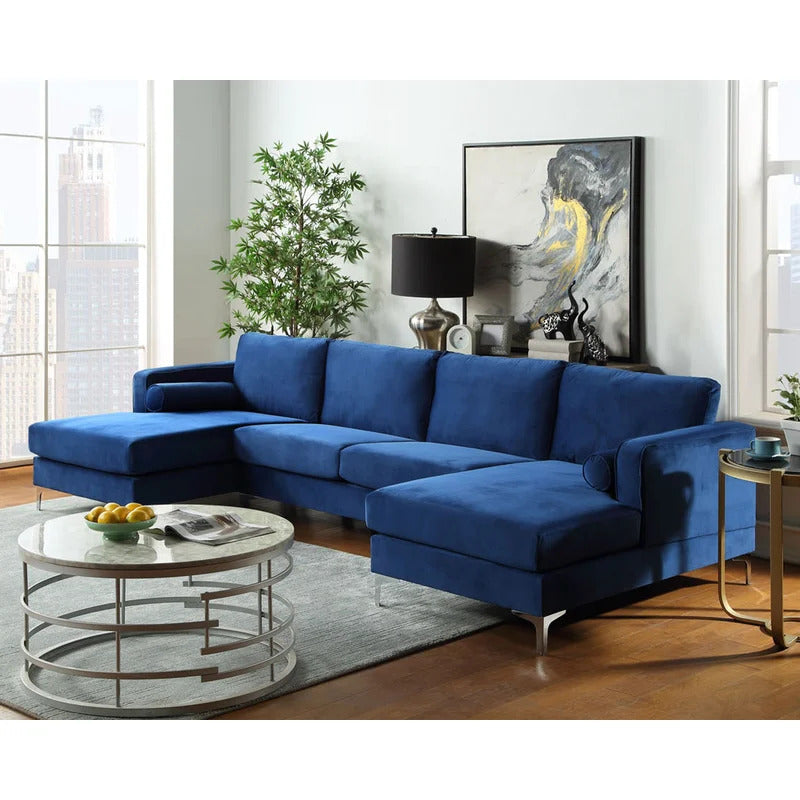 4 Seater Sofa Set: 24'' Velvet Square Arm U Shape Sofa