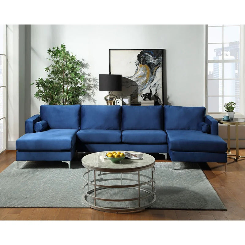4 Seater Sofa Set: 24'' Velvet Square Arm U Shape Sofa