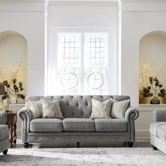 4 Seater Sofa Set:  91'' Chenille Rolled Arm Chesterfield Sofa