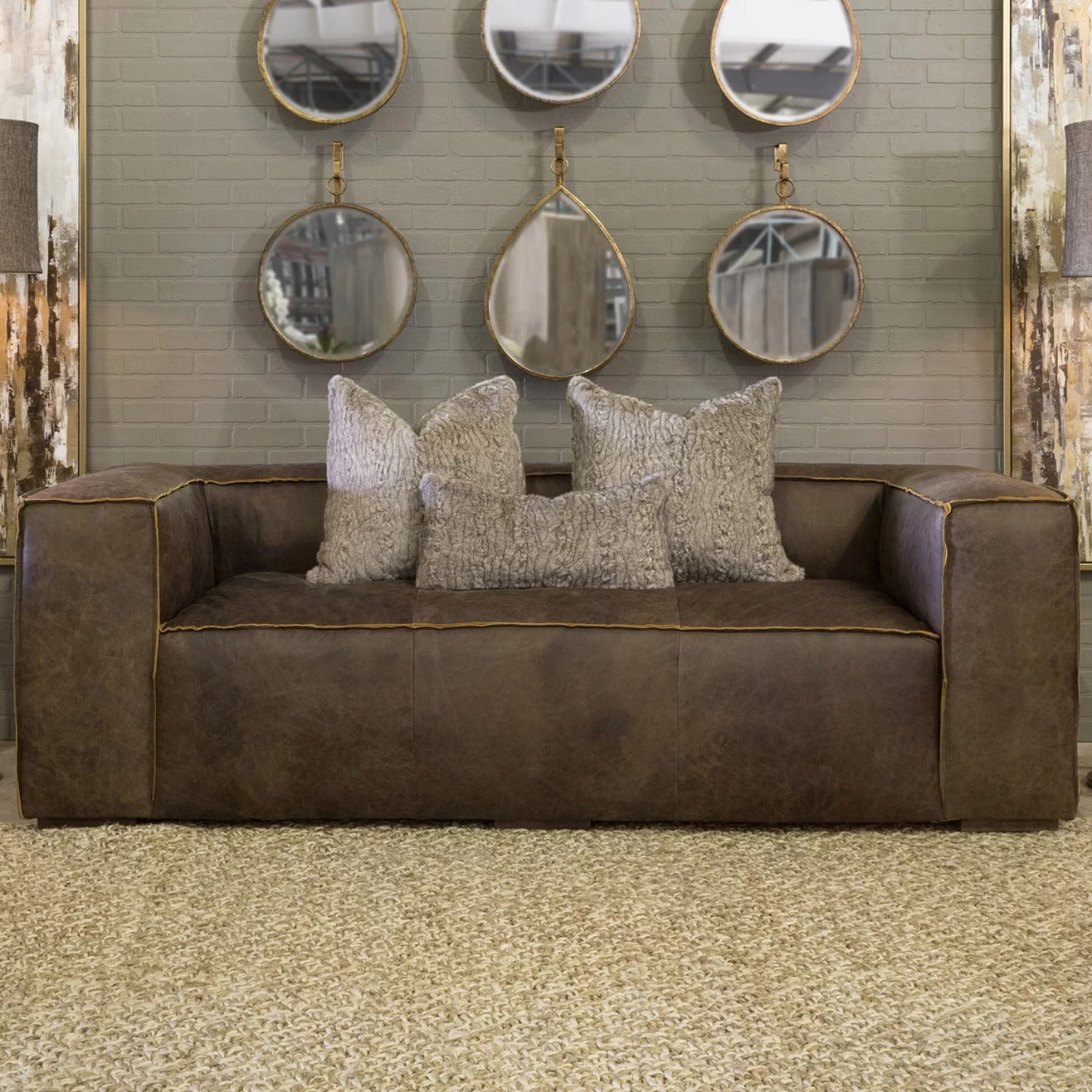 4 Seater Sofa Set: 96'' Leatherette Round Arm Sofa