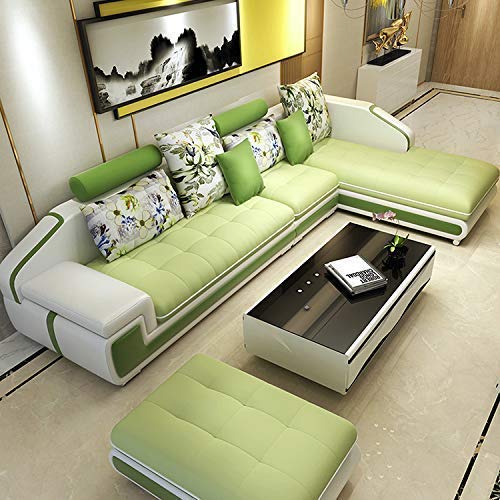 L Shape Sofa Set: -Hardwood Roland Sectional Leatherette Sofa Set with 1 Puffy (Pear Green and White)