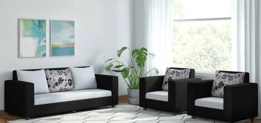5 Seater Sofa Set (3 + 1 + 1) Fabric Sofa Set (Black and Grey)