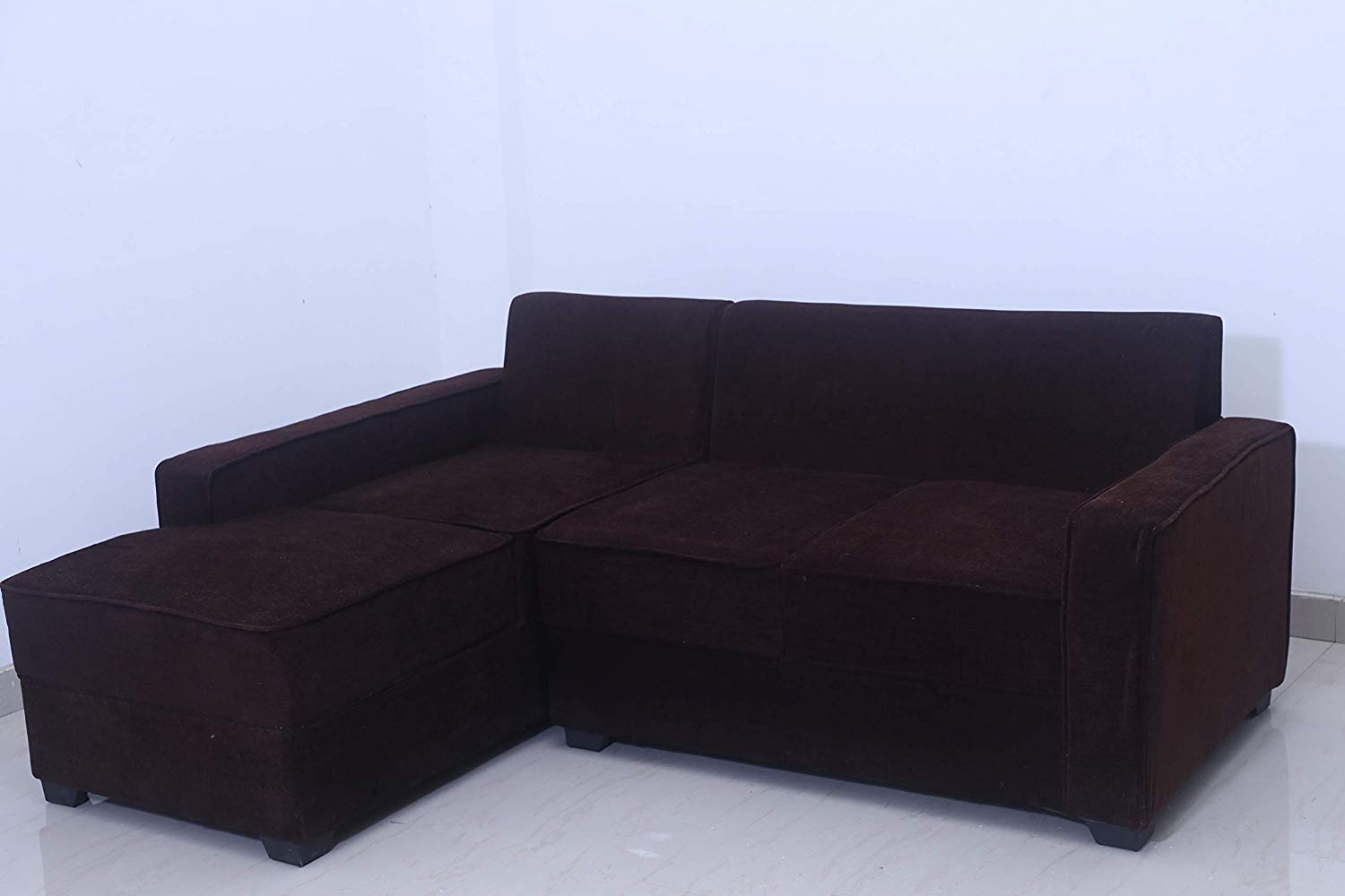 L Shape Sofa Set:- Fine Bone Hardwood Fabric Sofa Set 2-Puffy with Center (Brown & Beige)