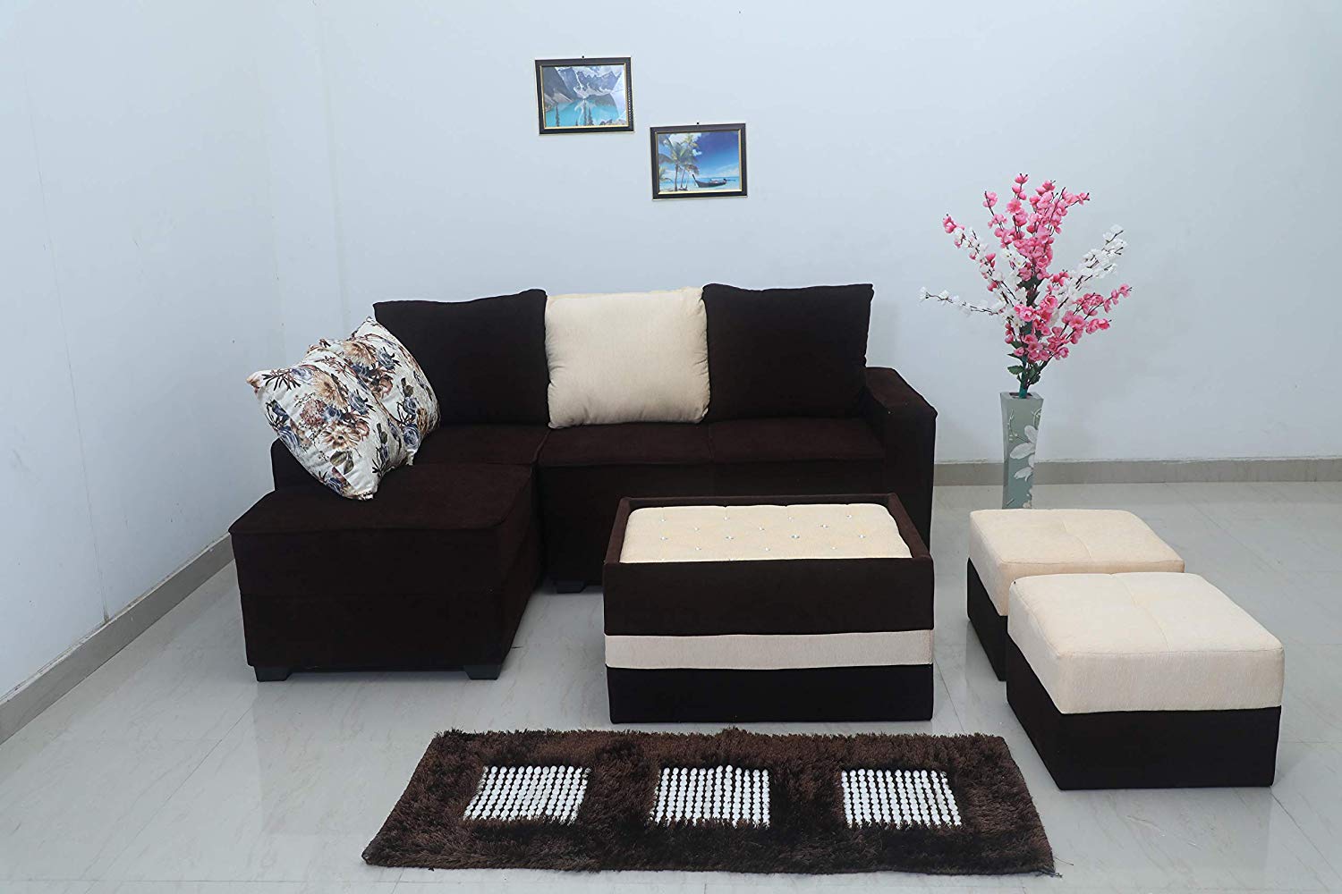 L Shape Sofa Set:- Fine Bone Hardwood Fabric Sofa Set 2-Puffy with Center (Brown & Beige)