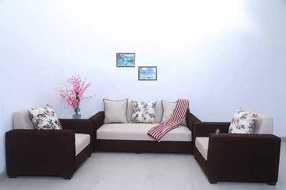 5 Seater Sofa Set:- Fine Bone 3+1+1 Fabric Sofa Set (Brown & Beige)