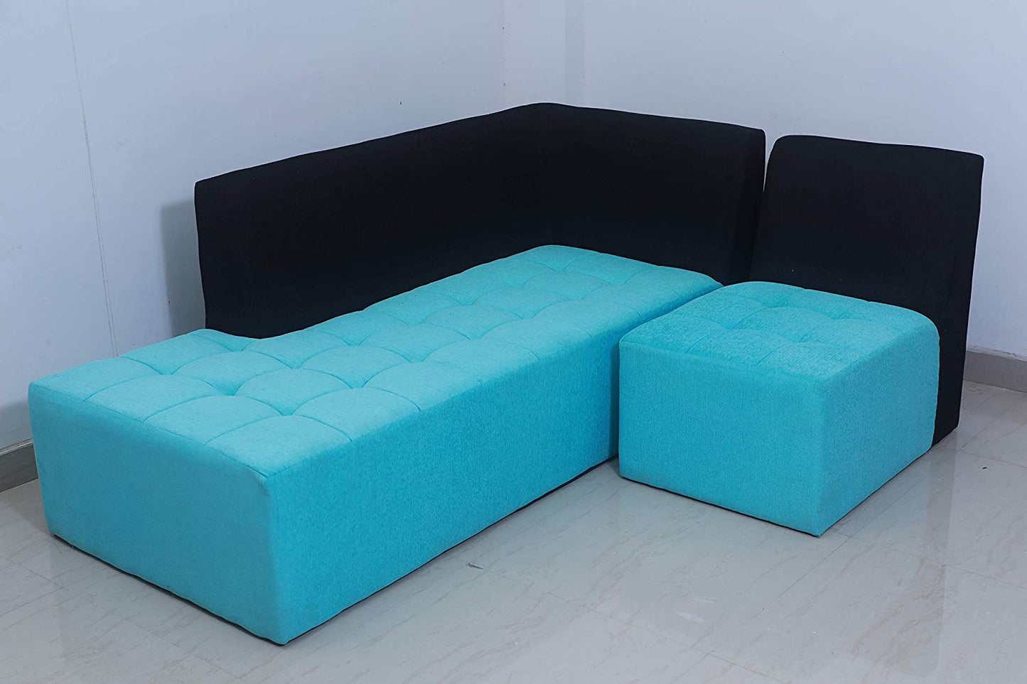 L Shape Sofa Set:- Fine Bone Fabric Sofa Set (Sky Blue & Black)