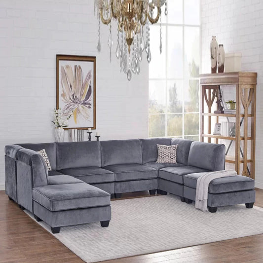7 Seater Sofa Set 120 Wide Velvet U Shape Sofa Set