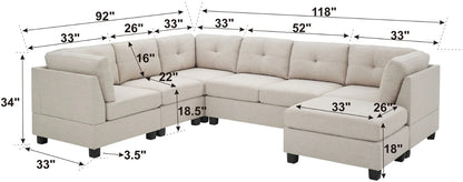7 Seater Sofa Set: 144" Wide Linen Modular U Shape Sofa Set