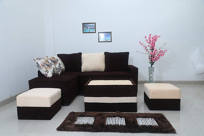 L Shape Sofa Set:- Fine Bone Hardwood Fabric Sofa Set 2-Puffy with Center (Brown & Beige)