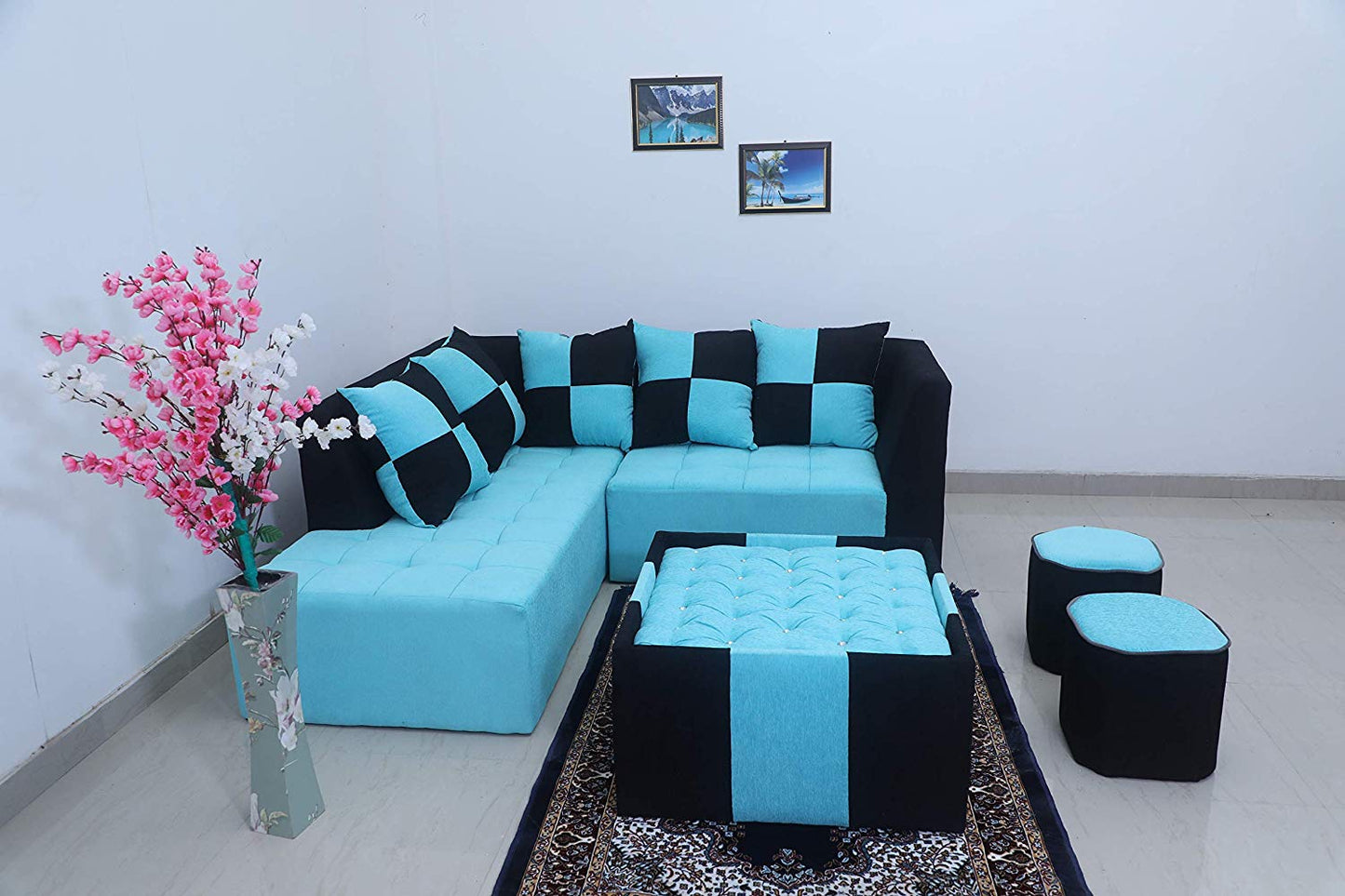 L Shape Sofa Set:- Fine Bone Fabric Sofa Set (Sky Blue & Black)