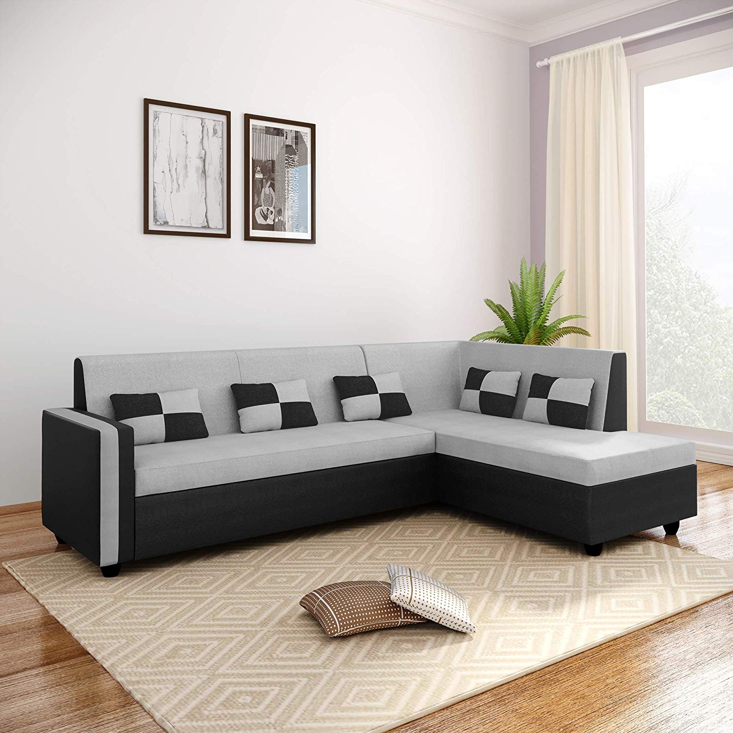 L Shape Sofa Set: -Lisa Fabric Sofa Set (Cream & Brown)
