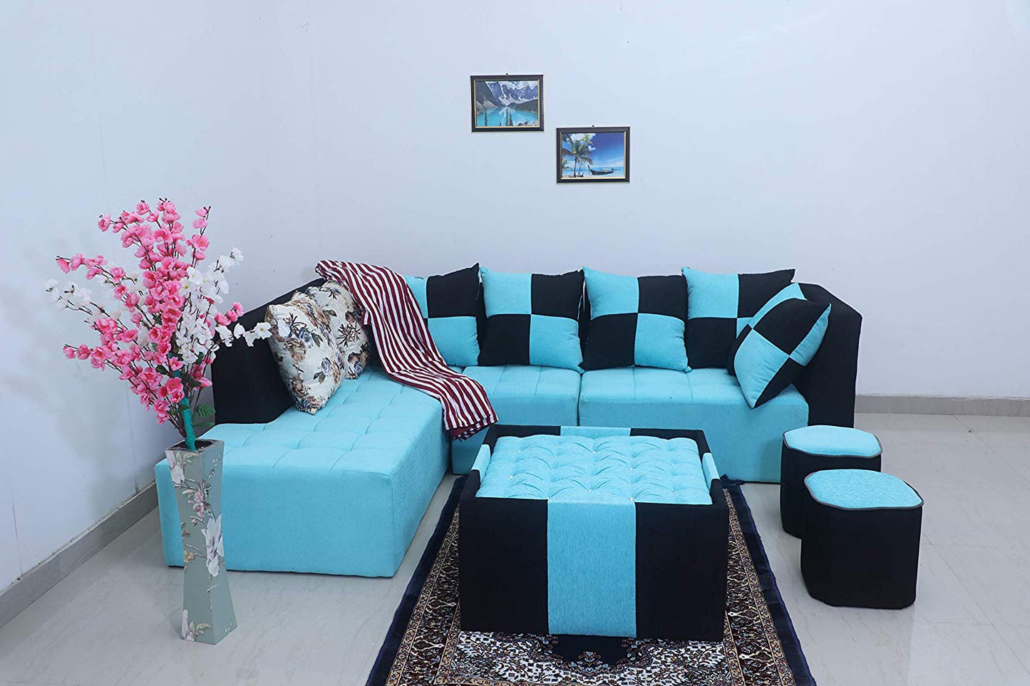 L Shape Sofa Set:- Fine Bone Fabric Sofa Set (Sky Blue & Black)