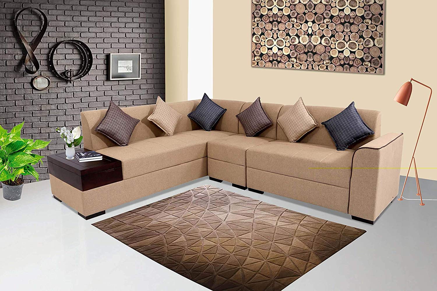 L Shape Sofa Set:- Rome 6 Seater Fabric Sofa Set (Tan Brown)