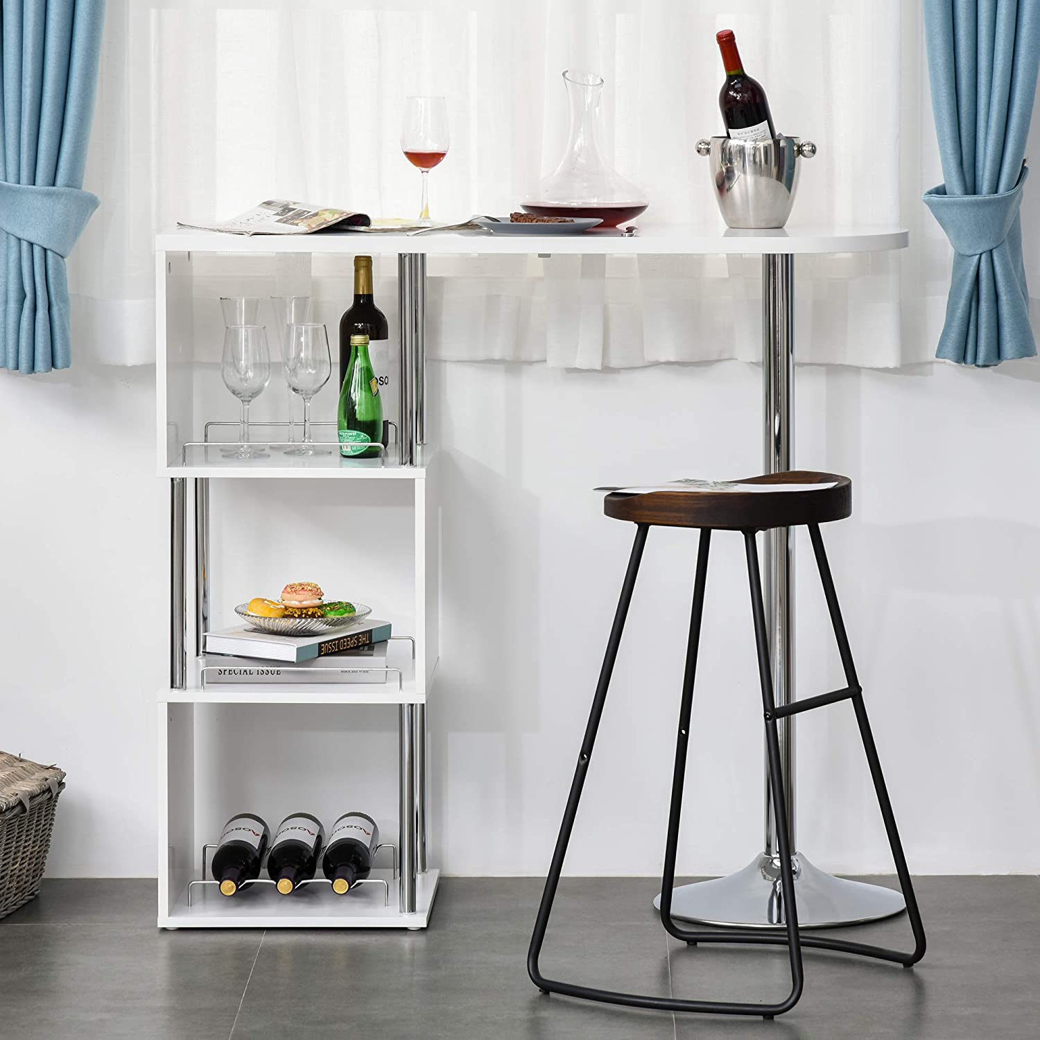 Bar Cabinet: 3-Bottle Wine Rack and Side Storage Shelf, White/Silver 