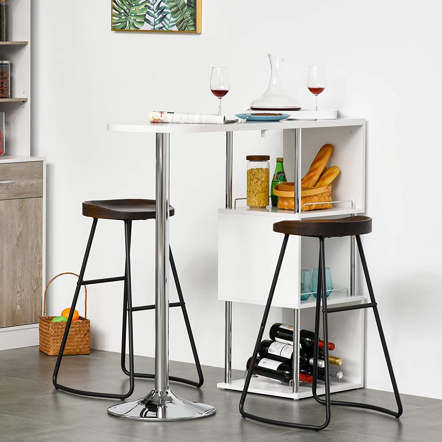 Bar Cabinet: 3-Bottle Wine Rack and Side Storage Shelf, White/Silver 