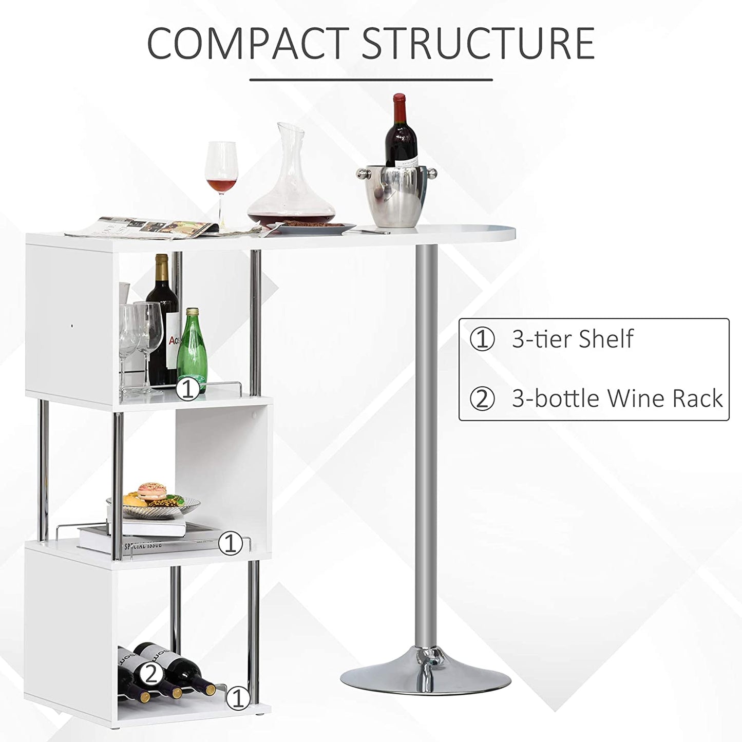 Bar Cabinet: 3-Bottle Wine Rack and Side Storage Shelf, White/Silver 