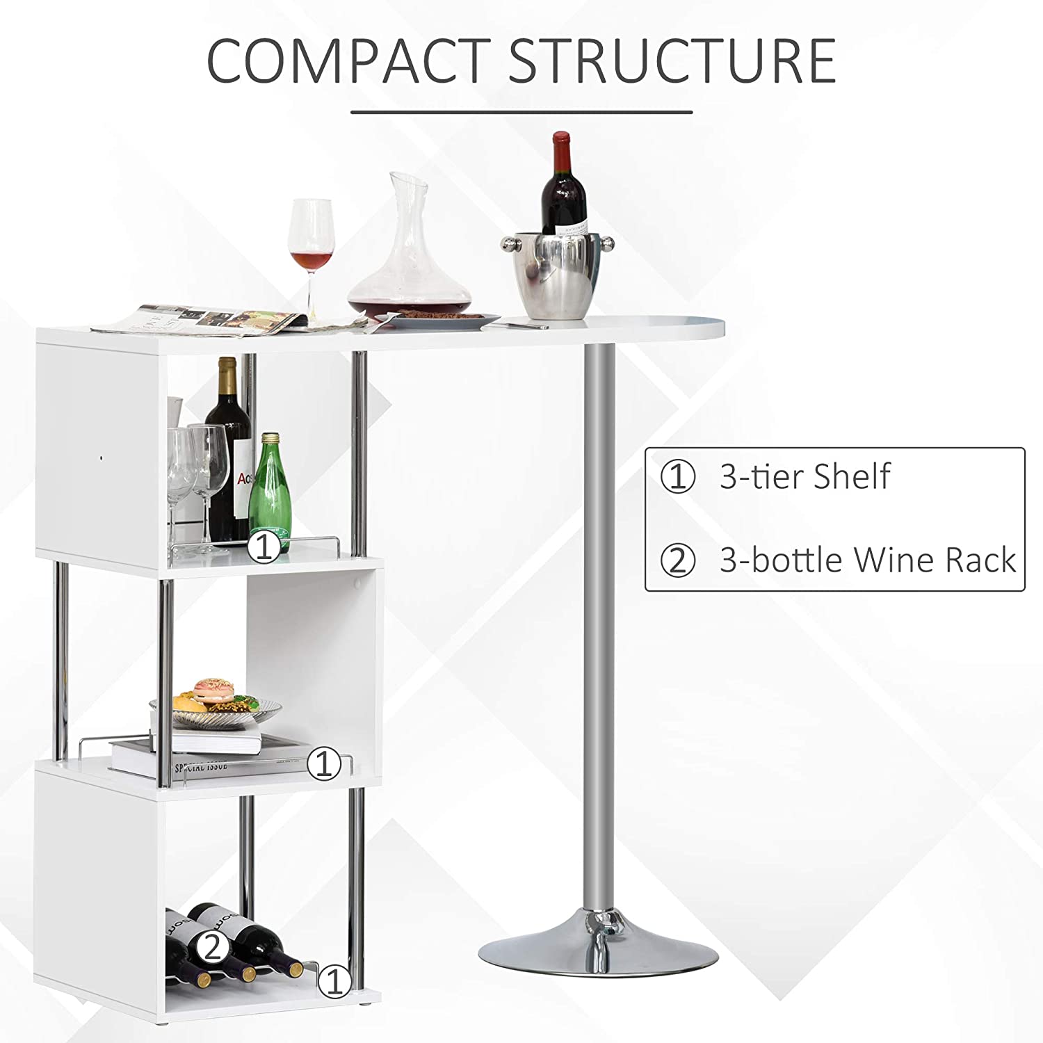 Bar Cabinet: 3-Bottle Wine Rack and Side Storage Shelf, White/Silver 