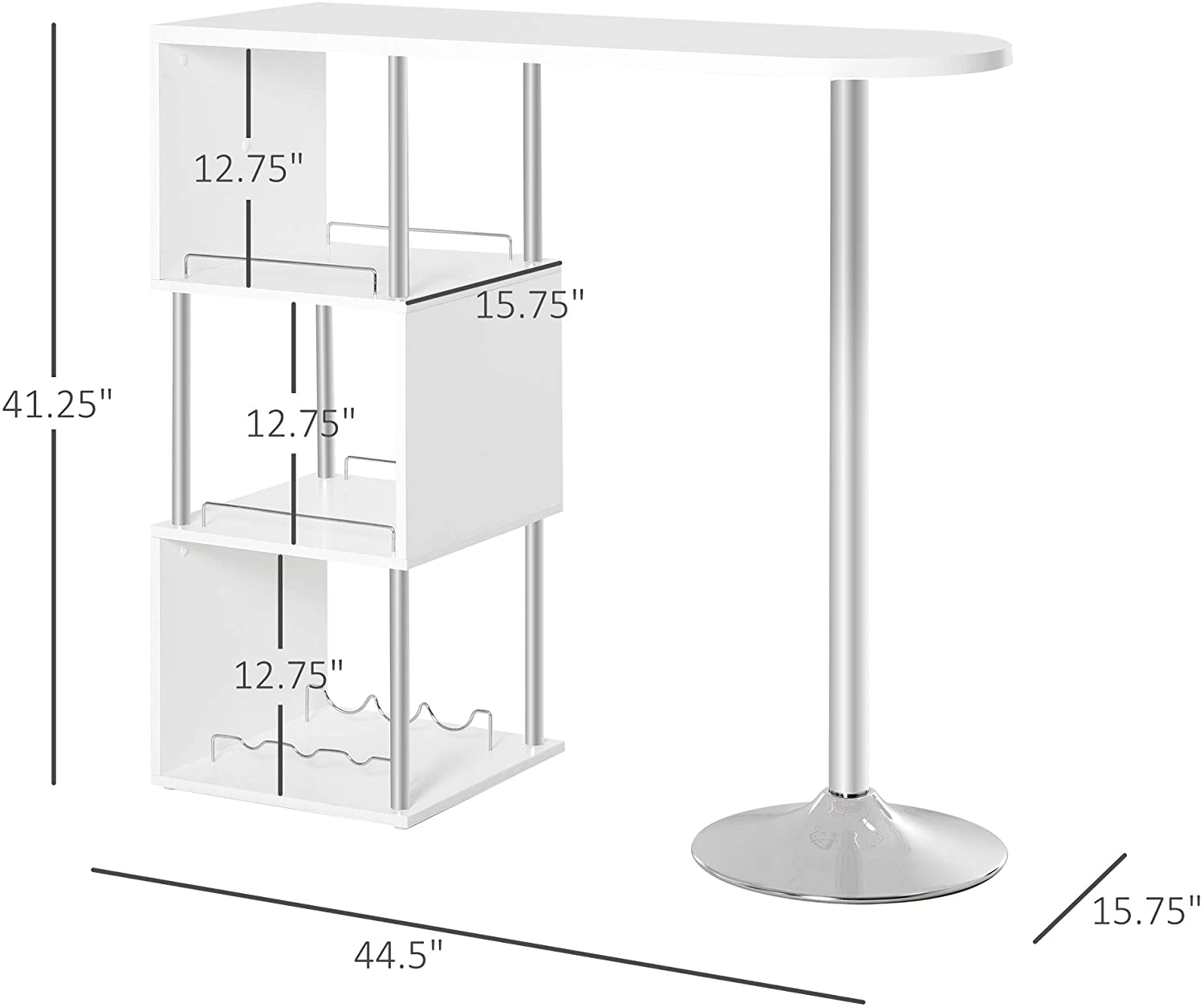 Bar Cabinet: 3-Bottle Wine Rack and Side Storage Shelf, White/Silver 