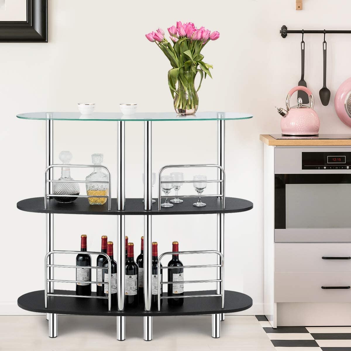 Bar Cabinet: 3-Tier Glass Liquor Cabinets, Bar Unit with 2 Shelves