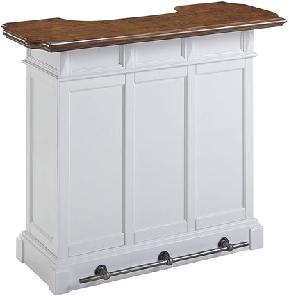 Bar Cabinet: 4-Shelf Bar with Foot Rail, White and Oak Finish 