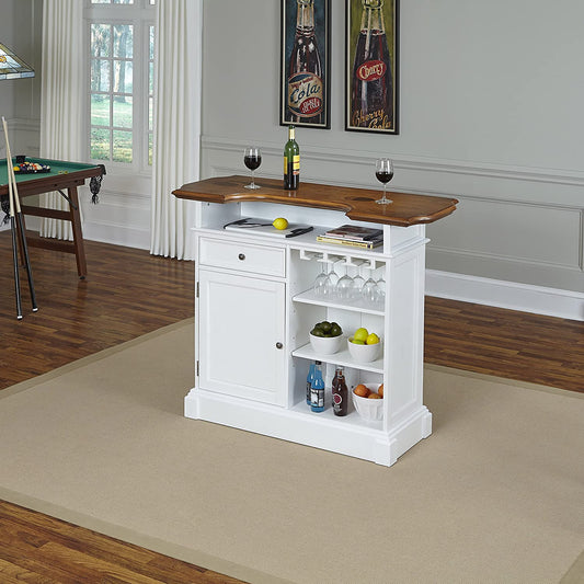 Bar Cabinet: 4-Shelf Bar with Foot Rail, White and Oak Finish 