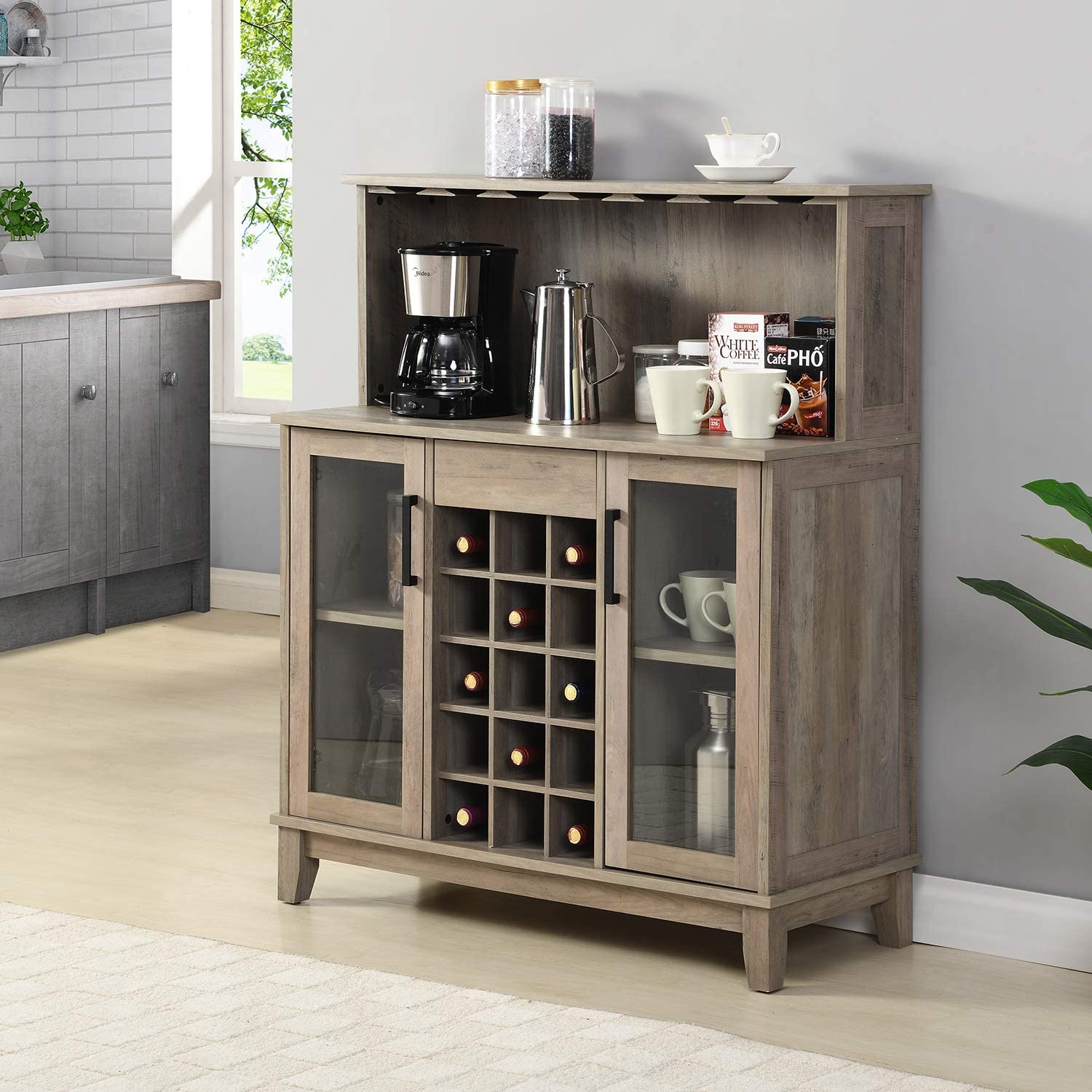 Bar Cabinet: Bar Cabinet with Wine Rack and Glass Doors in Grey Wash Finish 