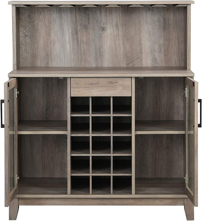 Bar Cabinet: Bar Cabinet with Wine Rack and Glass Doors in Grey Wash Finish 