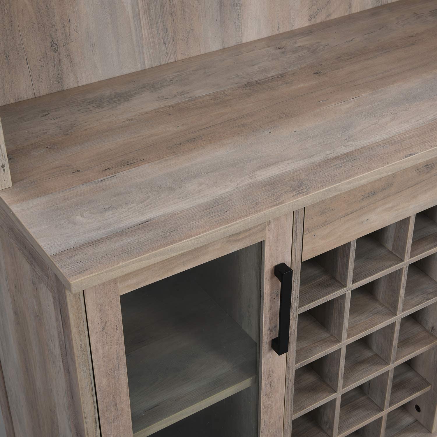 Bar Cabinet: Bar Cabinet with Wine Rack and Glass Doors in Grey Wash Finish 