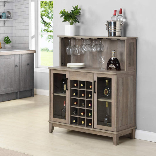Bar Cabinet: Bar Cabinet with Wine Rack and Glass Doors in Grey Wash Finish 