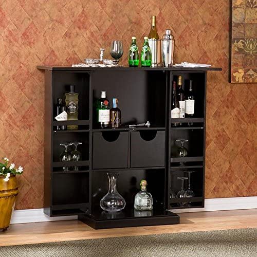 Bar Cabinet: Black Fold Away Bar Transitional MDF Wood 