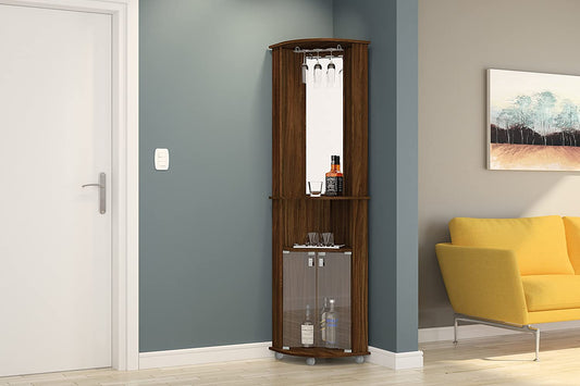 Bar Cabinet: Corner Bar, 2 Glass Door, Mirrored Wall, Glass Rack 