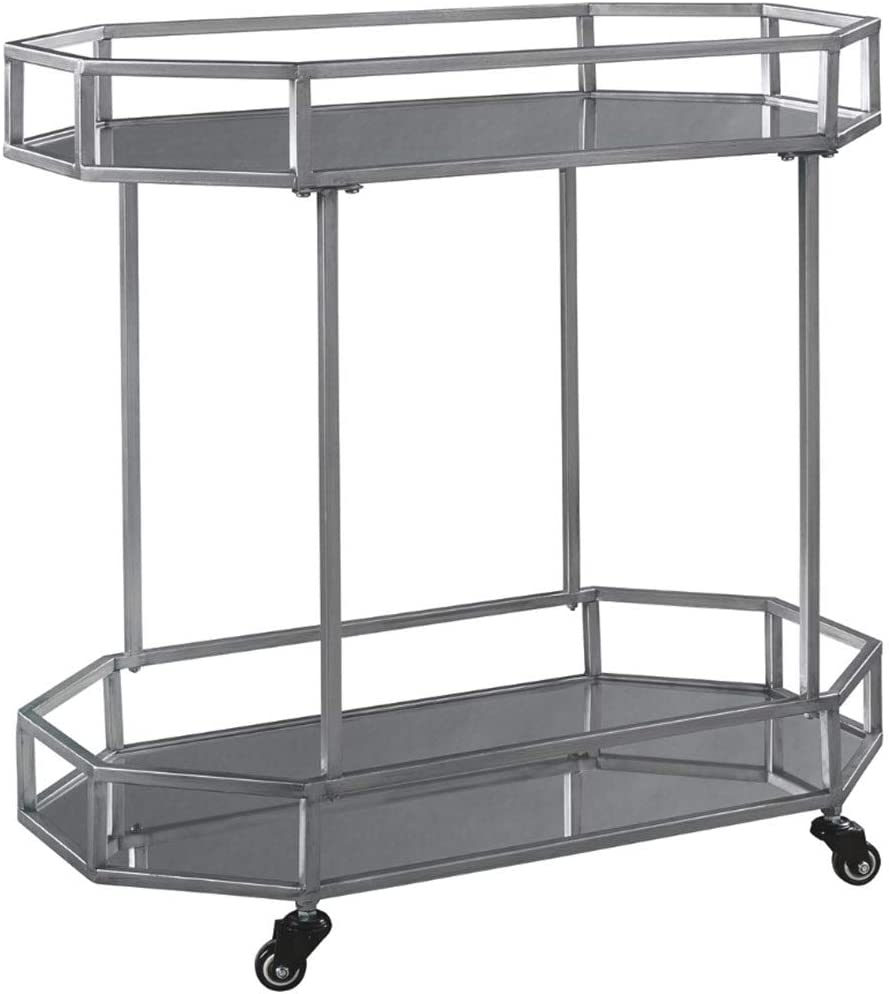 Bar Cabinet: Metal Bar Cart with Caster Wheels, Silver Finish 