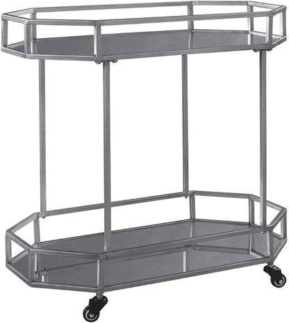 Bar Cabinet: Metal Bar Cart with Caster Wheels, Silver Finish 