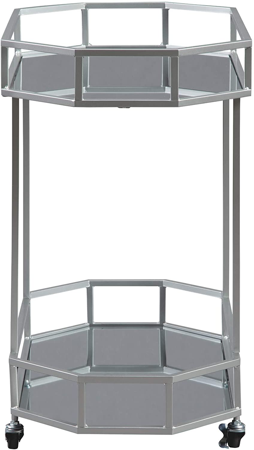 Bar Cabinet: Metal Bar Cart with Caster Wheels, Silver Finish 