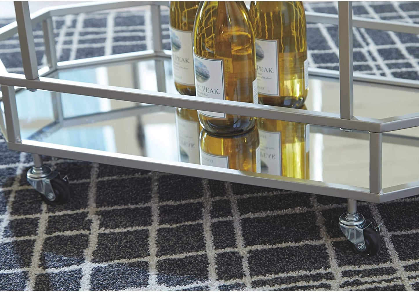 Bar Cabinet: Metal Bar Cart with Caster Wheels, Silver Finish 