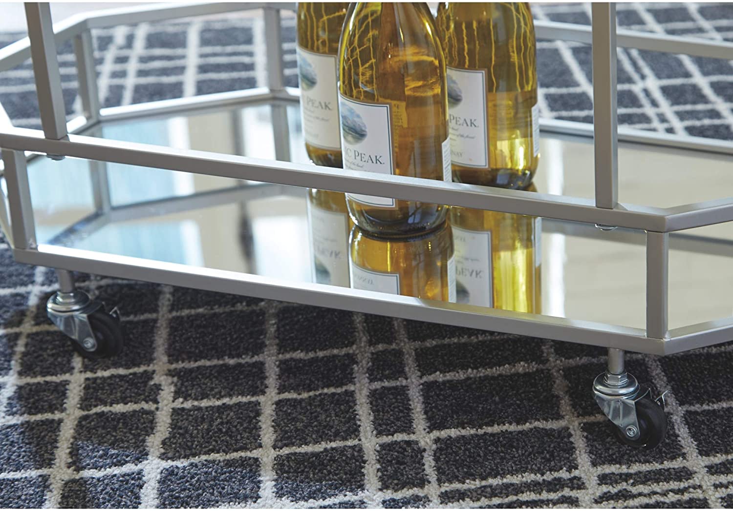 Bar Cabinet: Metal Bar Cart with Caster Wheels, Silver Finish 