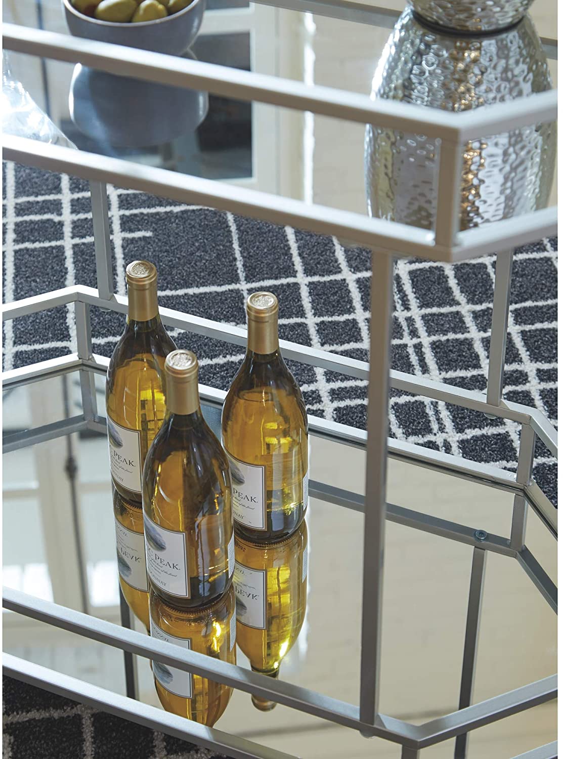 Bar Cabinet: Metal Bar Cart with Caster Wheels, Silver Finish 