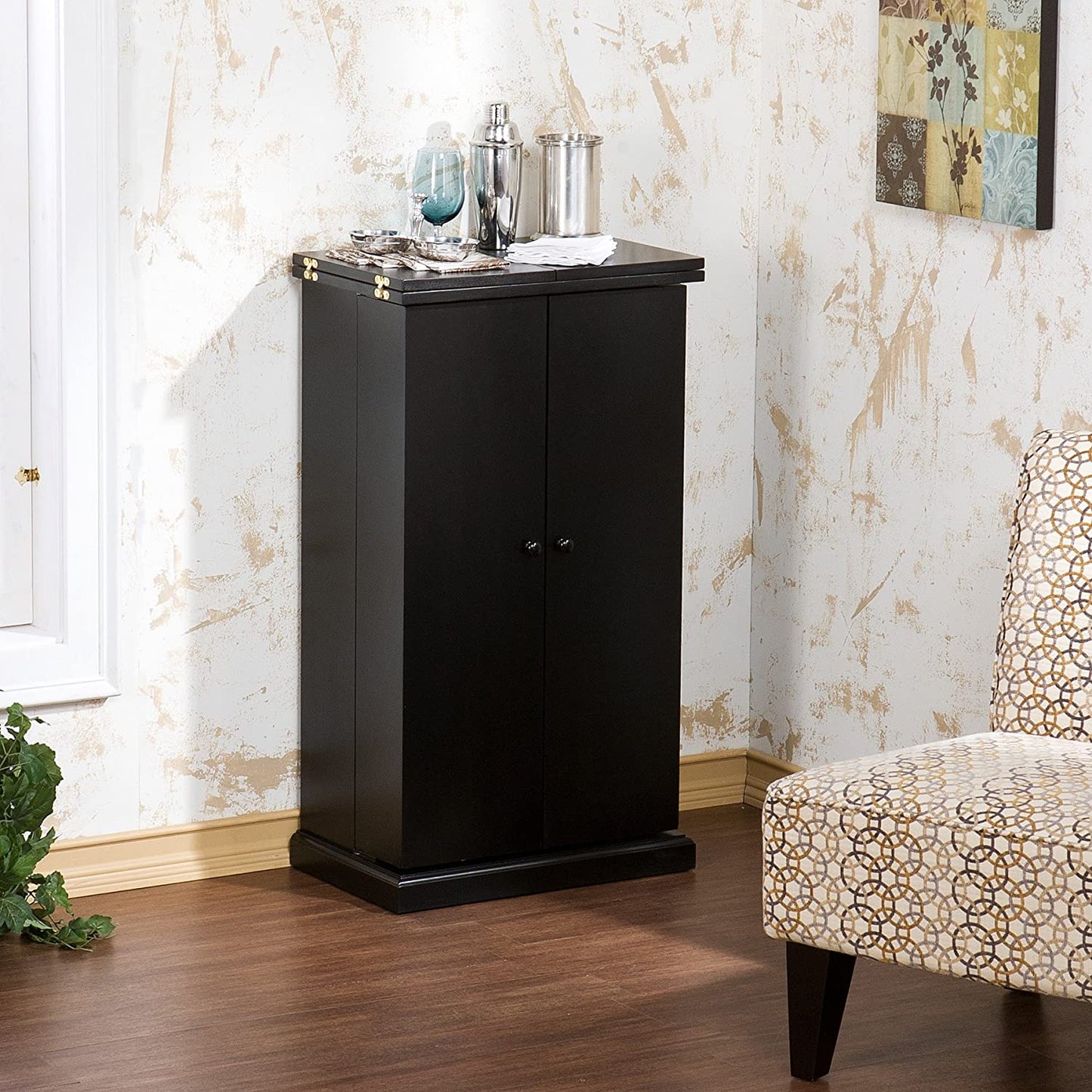 Bar Cabinet: Space Saving Fold Away Bar Cabinet, Black