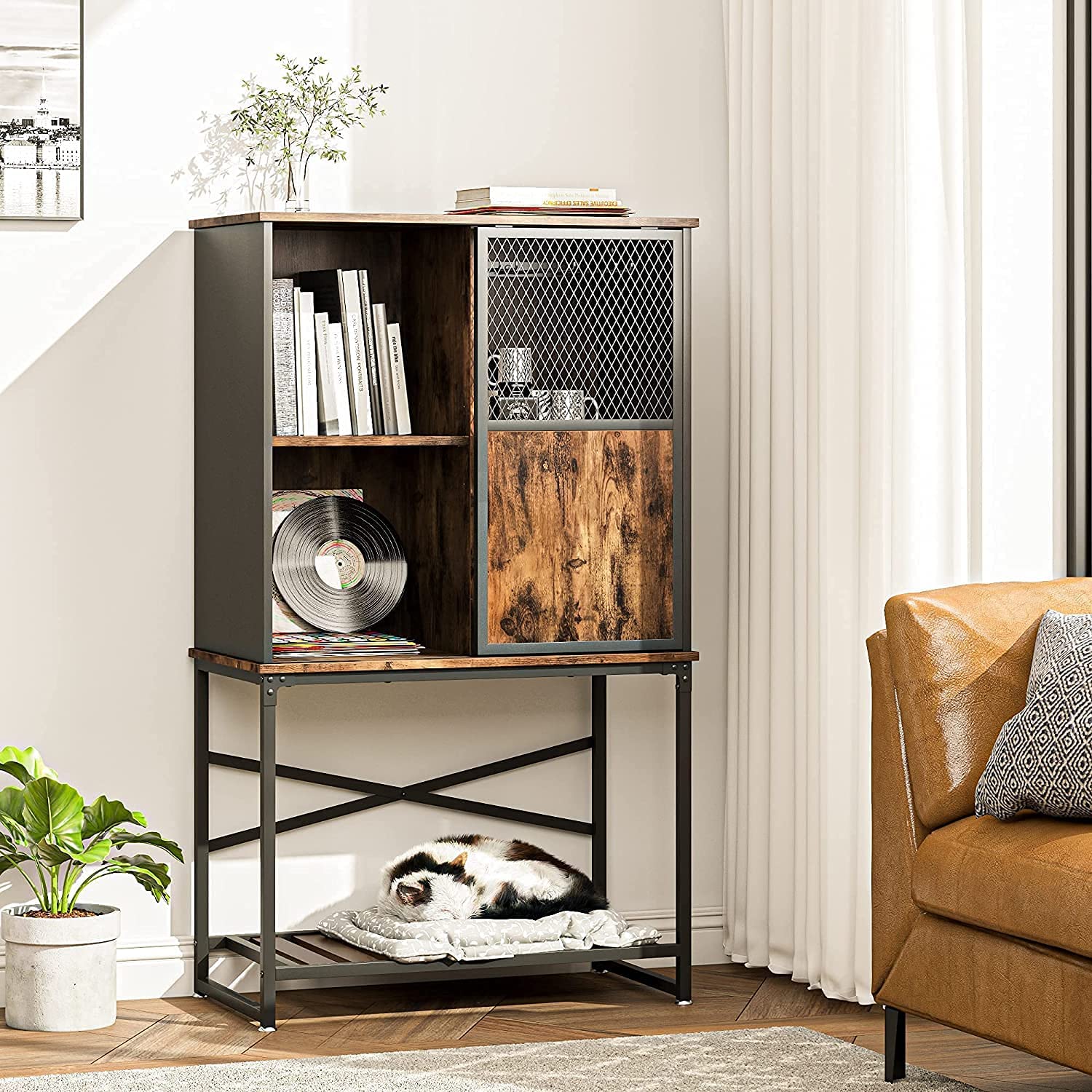 Bar Cabinet: Storage Cabinet with Sliding Door and Open Shelf 