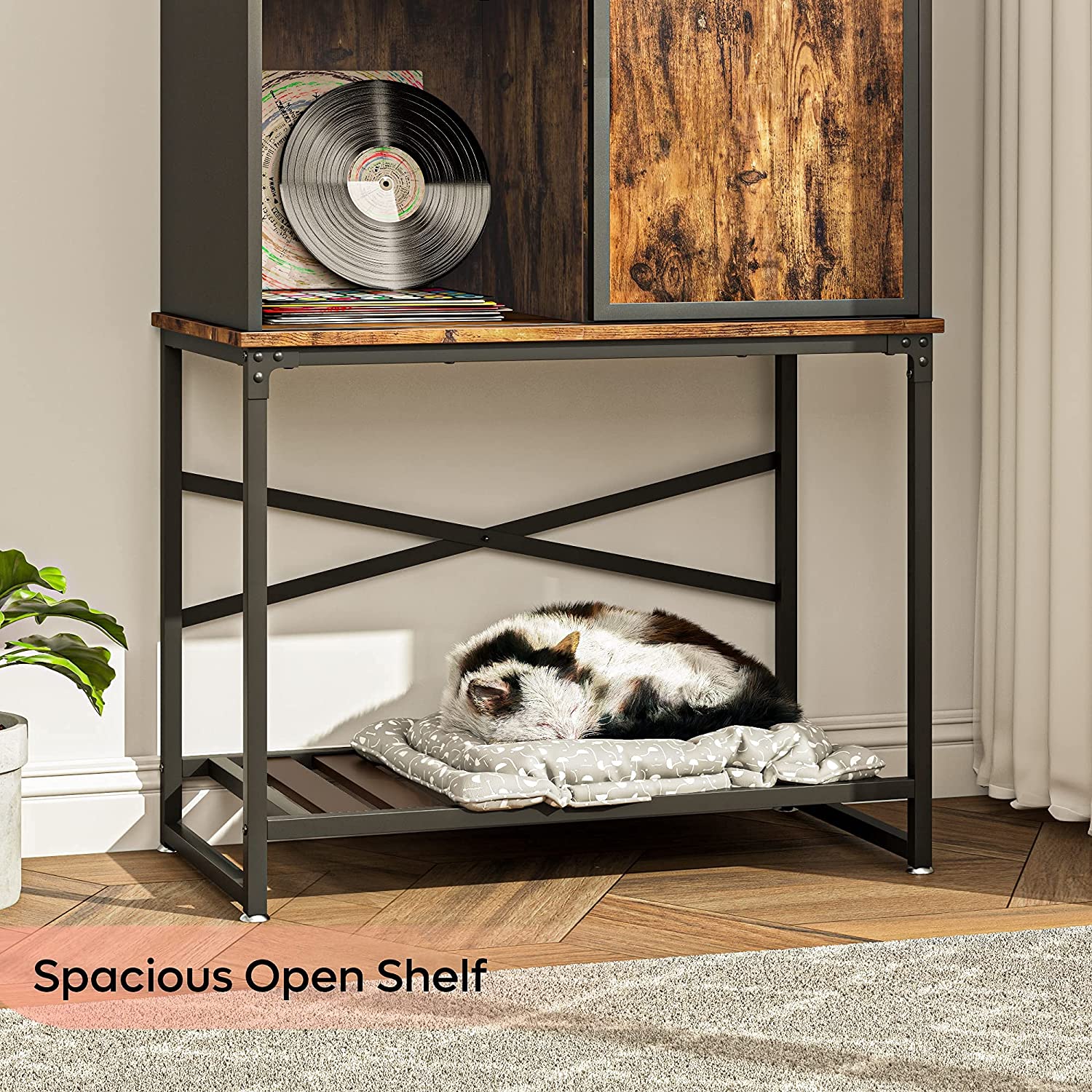 Bar Cabinet: Storage Cabinet with Sliding Door and Open Shelf 