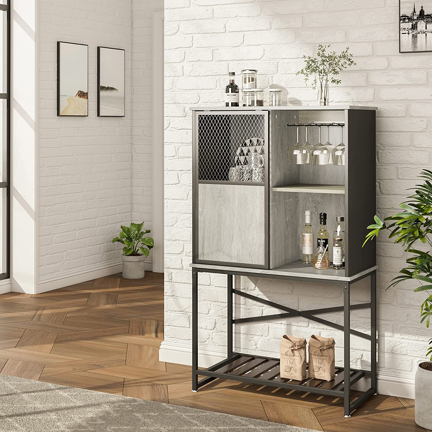 Bar Cabinet: Storage Cabinet with Sliding Door and Open Shelf 