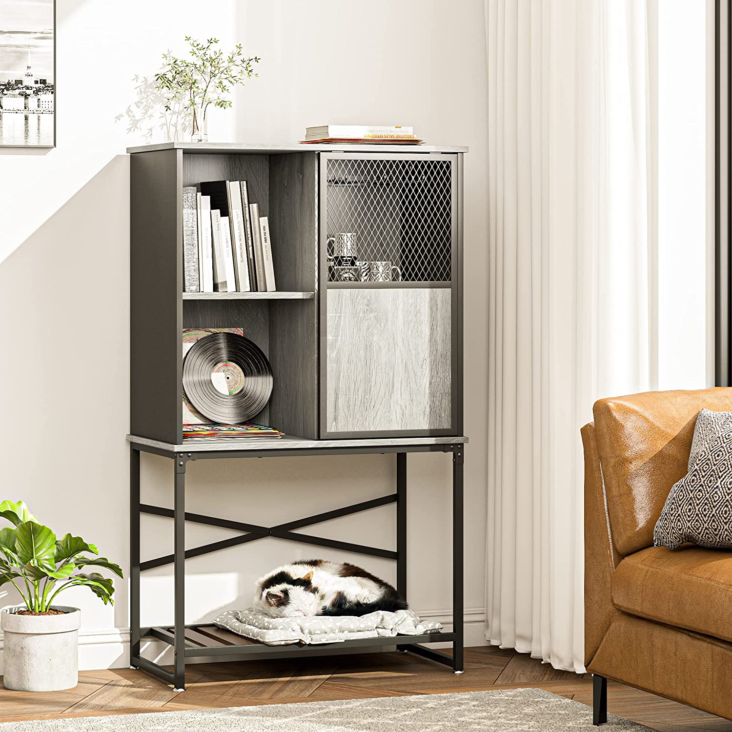 Bar Cabinet: Storage Cabinet with Sliding Door and Open Shelf 
